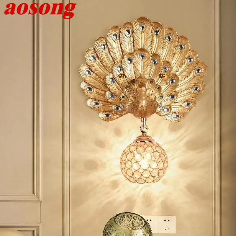 AOSONG Contemporary Resin Peacock Wall Light LED Gold Creative Crystal Sconce Lamps For Home Living Room Bedroom Decor