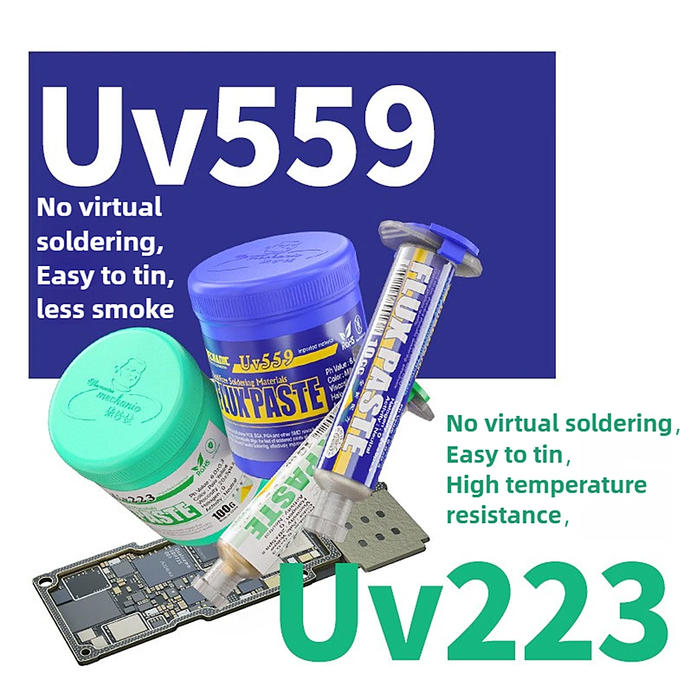 MECHANIC UV559/UV223 Lötflussmittel No-Clean 10cc Spritzen-Set mit Drücker & 6 Nadeln BGA PCB SMD Schweißfett Handy-Reparaturwerkzeug