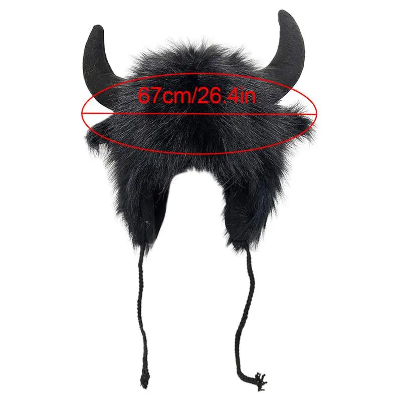 Bison Hat Plush Earflap Hat with Horns Fluffy Ear Headwear for Halloween Party Cosplay Props Winter Furry Plush Snow Trapper Hat