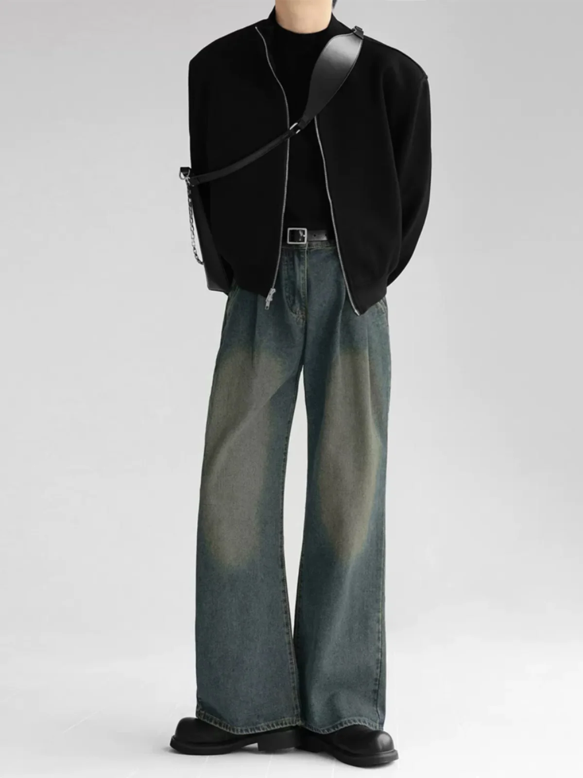 Retro Loose Jeans Men Women Folded Wide Leg Pants Waed Long Trousers Dra Straight Floor-Length Trendy Jeans