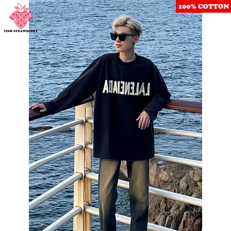 

American style Letter Print T-shirt Men's Autumn 2025 New White Long sleeves Loose Casual Black T-shirt Y2k Top Mens clothing