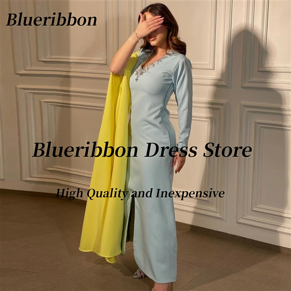 

Blueribbon V Neck Prom Dresses with Beaded Long Sleeves Dubai Party Saudi Arabia Women Wear Evening Dress Ankle Length Vestidos