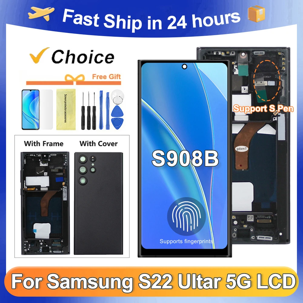 samsung-s908、s908b、s908u用amoledディスプレイ（フレーム付き）、s22-ultra用lcdデジタルタッチスクリーン、s22u用交換用画面部品。