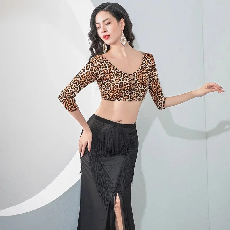 Customized Belly Dance Clothing 2025 New Practice Dress Leopard Pattern Sexy High Waist Belly Protection Tassel Practice Set