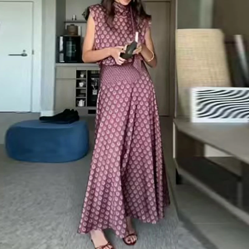 

Elegant Sleeveless Hollow Out Tops&Half Skirts Set Summer Simple Women Long Skirts Set Vintage Pattern Print Pleat Vacation Set
