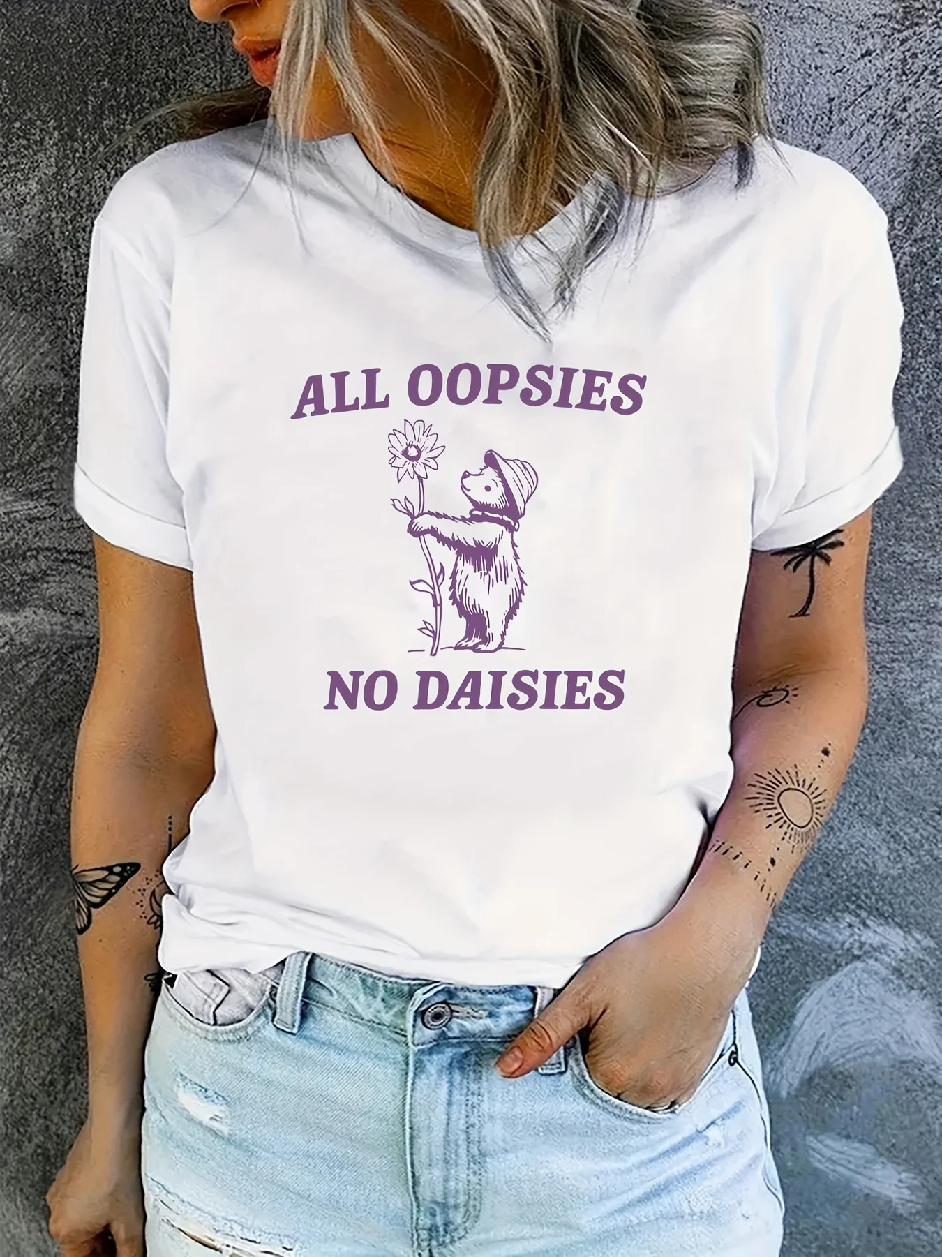 Women's White Short Sleeve Crew Neck T-Shirt with Purple Letter Print & Bear Graphic "ALL OOPSIES NO Daisies" Casual Summer Top