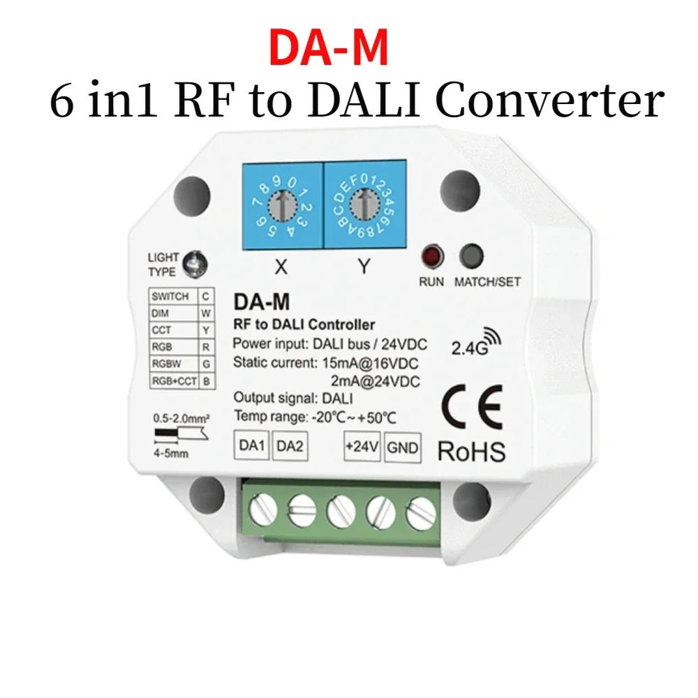 

NEW DA-M 6in1 RF to DALI Converter Controller Wireless Remote for Single Color CCT RGB RGBW RGB+CCT or Switch Light Control