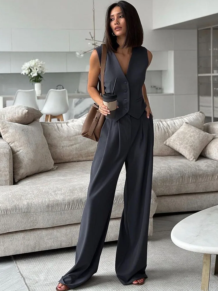 Spring New Two Piece Wide Leg Pants Set Women\'s Autumn New V-Neck Sleeveless Vest with Hanging Wide Leg Pants Casual Set