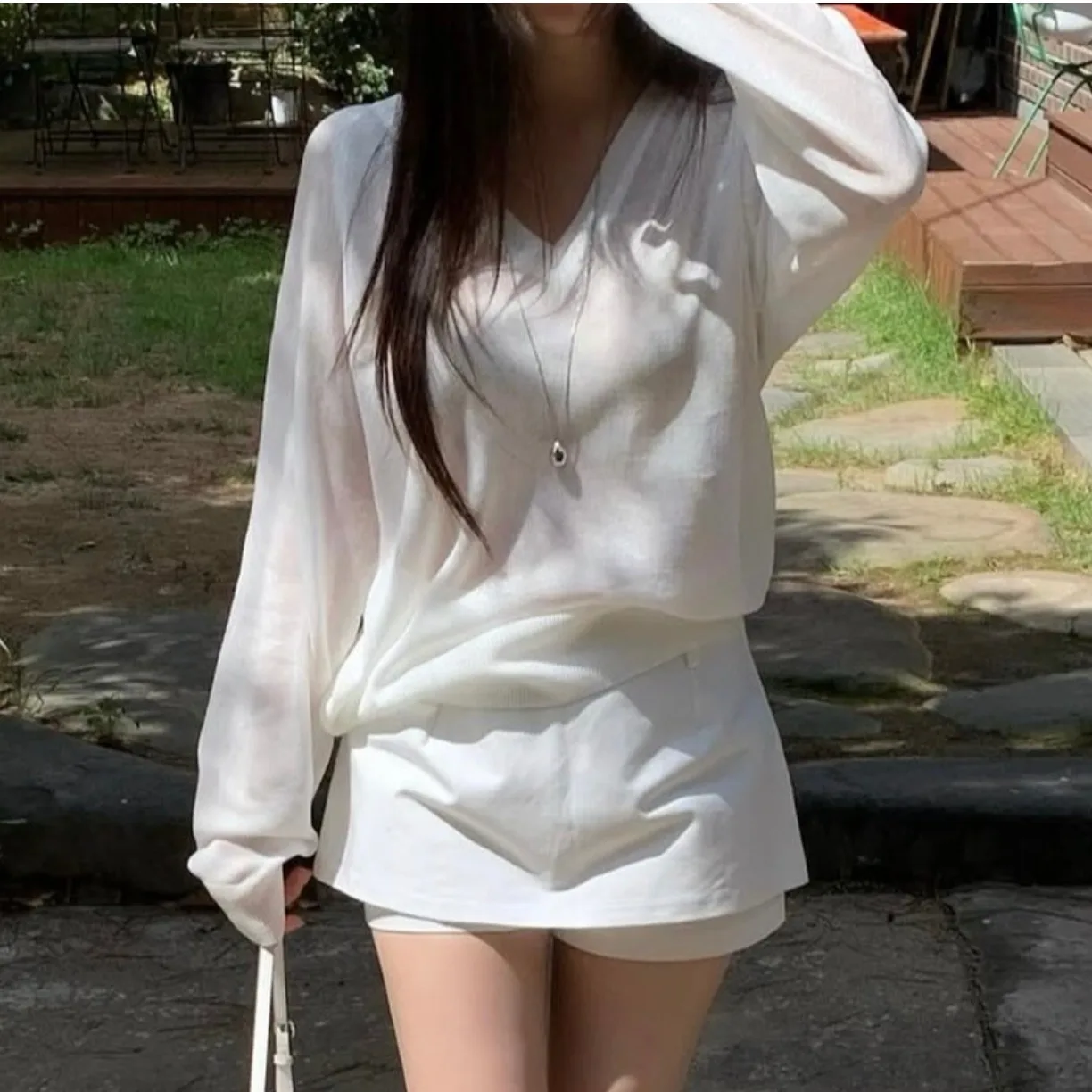 

Chic Summer Women's Knitted Sweater Casual Long Sve V-Ne Top Sli Versatile Simple Gentle Sle Commute Faion