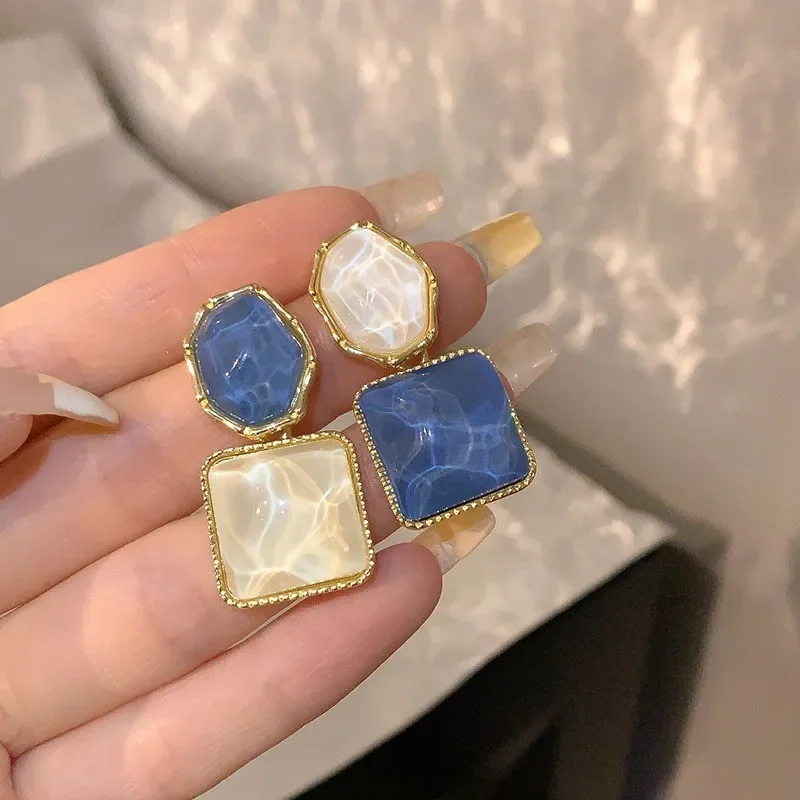 Hyperbole Asymmetric Blue Color Water Ripple Big Square Geometry Rhombus Pendant Earrings for Women Girl Jewelry Accessories