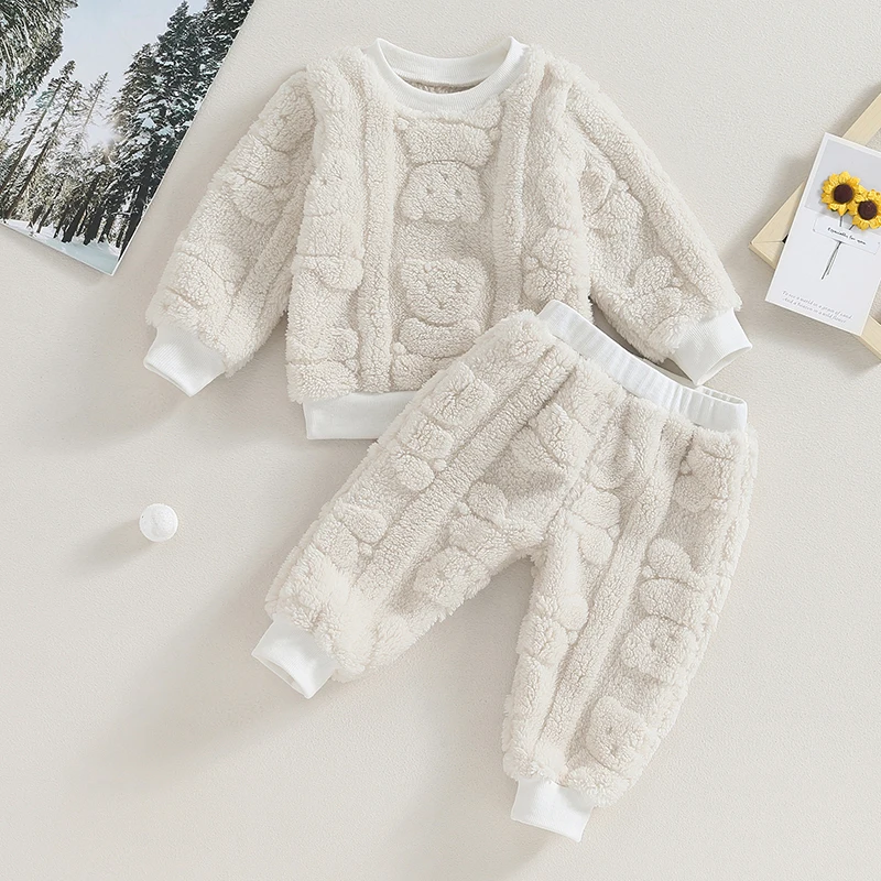 Toddler Baby Boy Girl Warm Clothes Teddy Bear Sweatshirt Long Sleeve Fleece Pullover Top Pants Fall Clothes Set