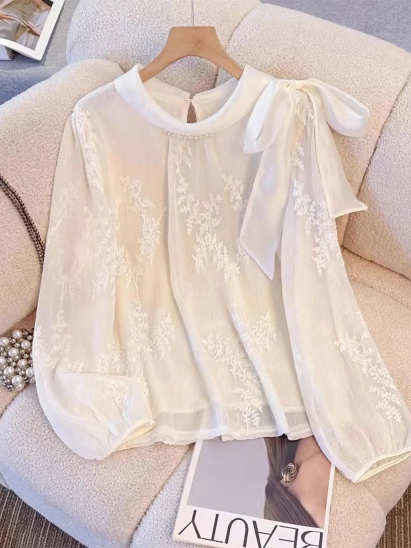 

Ele Long Sve Embroidered irt for Women Knot Belted Boting Top Casual Loose Fit Spring 2026