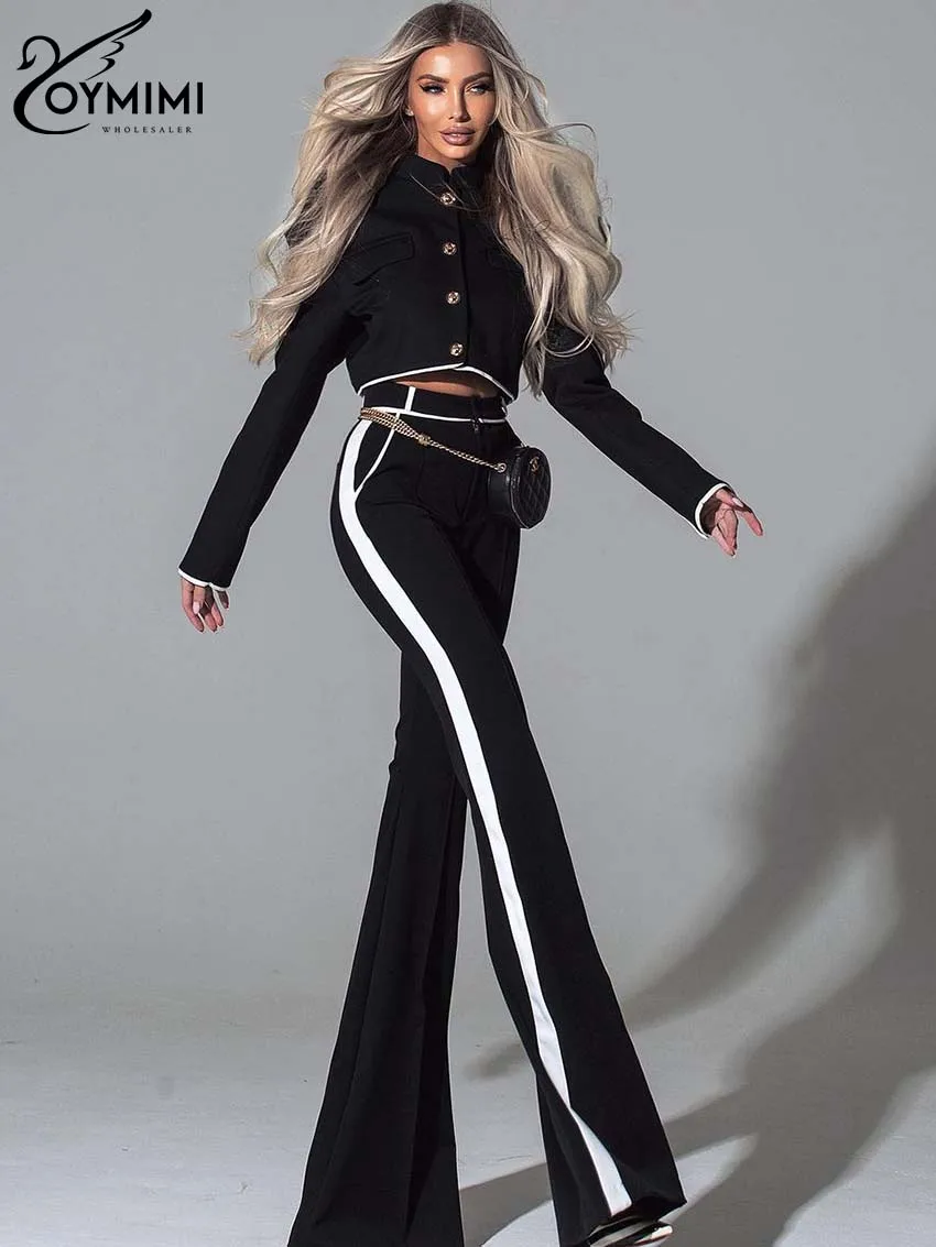 Oymimi Elegant Black Patchwork 2 Piece Sets Women Outfit Fashion Long Sleeve Stand Collar Crop Shirts And Straight Trousers Sets