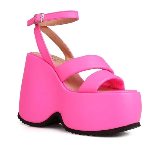 

New Round Head One Line Buckle with Thick Sole Waterproof Platform Slope Heel High Heel Large Size Sandals for Women