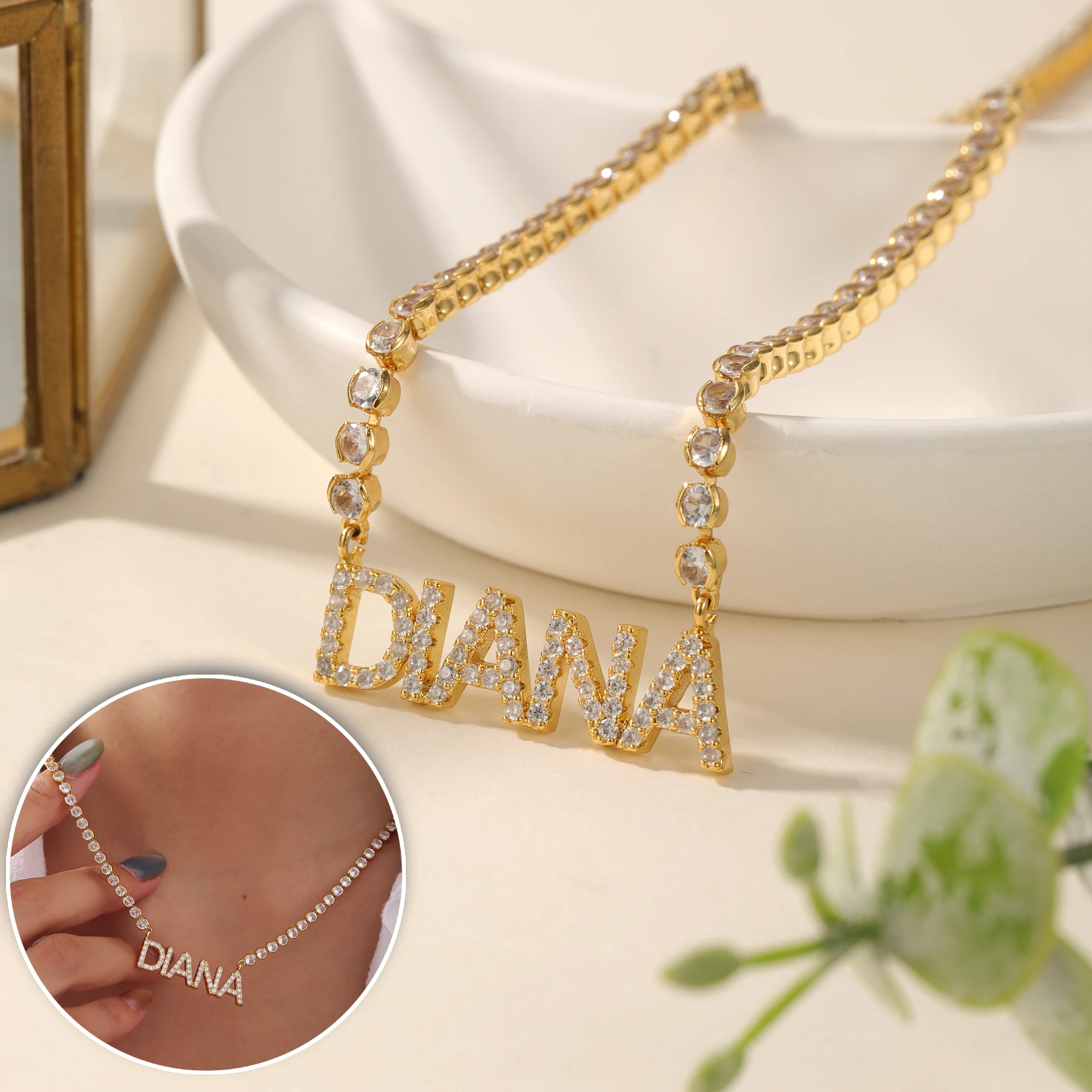 

Customized Crystal Name Necklace Round Tennis Chain Zircon Name Necklaces 18k Gold Plate Sparkle Zircon Letter Gift for Women