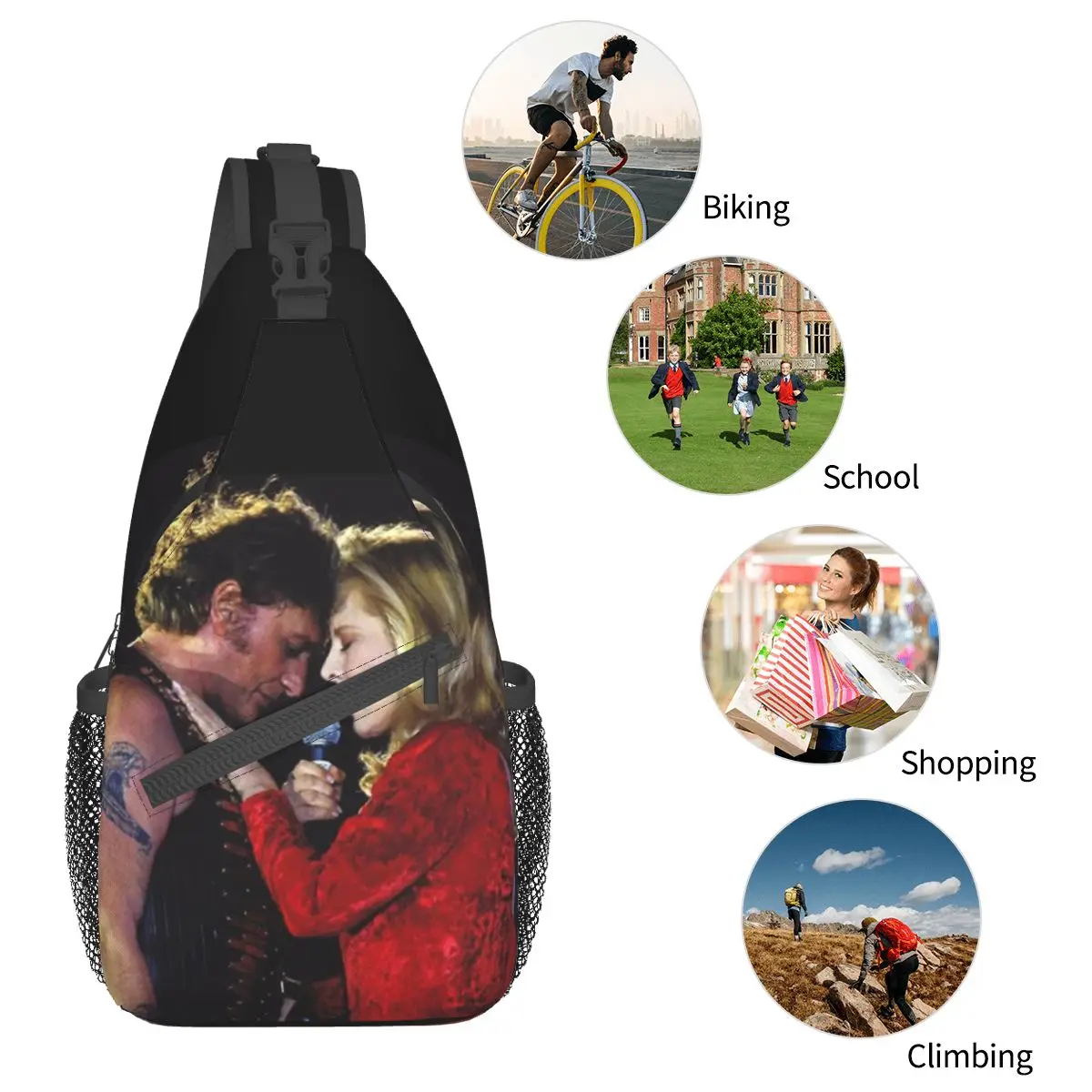 Johnny Hallyday Sylvie Crossbody Sling Bag Small Chest Bag Music French Singer Shoulder Backpack Daypack  Hiking Outdoor Travel