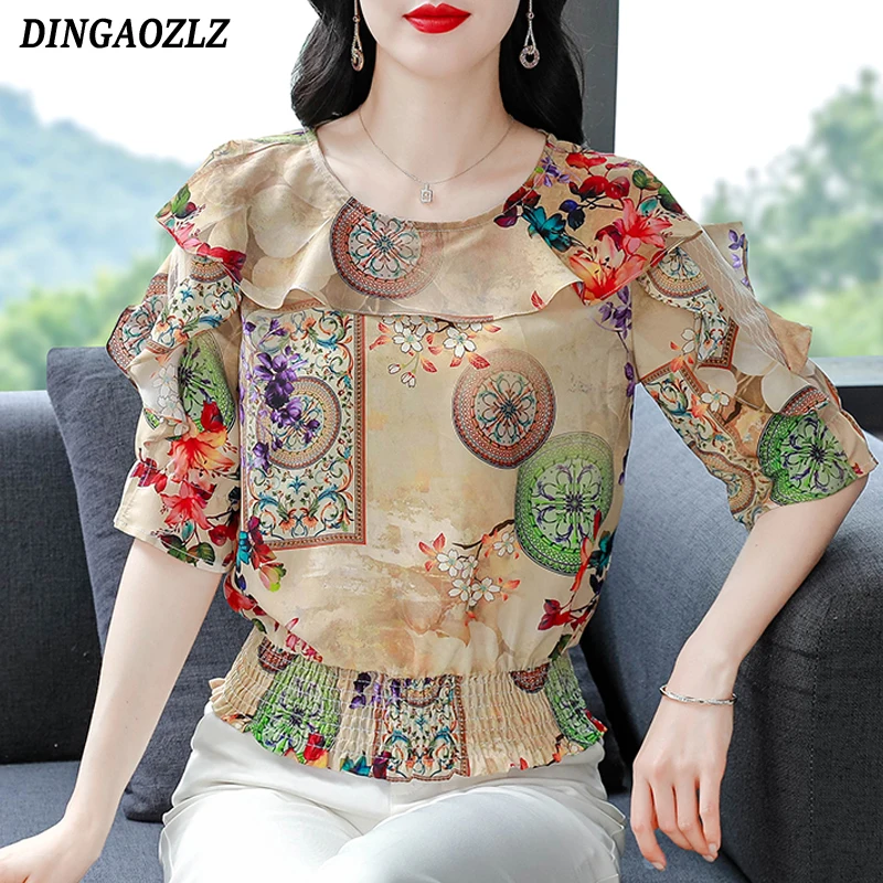

Vintage Printed Tops Spring Summer Ruffles Tops For Women Slim Retro Half Sleeve Patchwork Chiffon Blouse