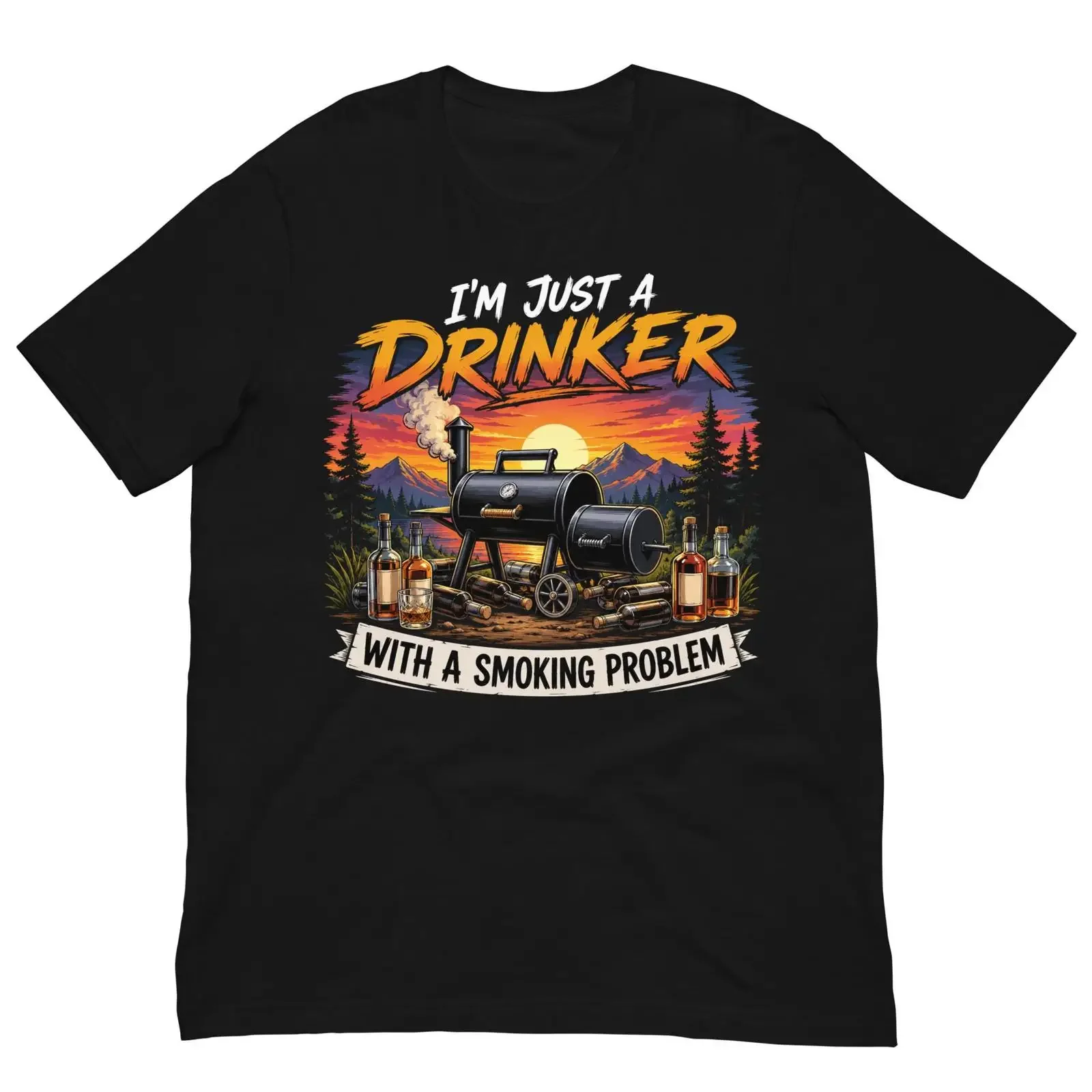 Funny BBQ Smoker T Shirt I'm Just A Drinker With Smoking Problem Whiskey Lover Pitmaster  vintage Washed Versatile Slightly