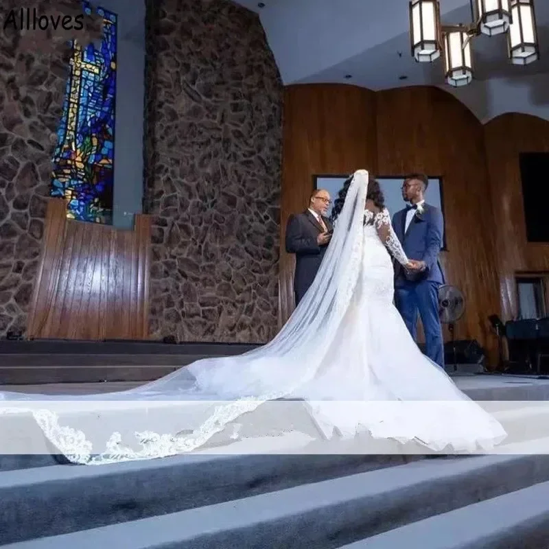 Customized Modest High Neck Lace Mermaid Wedding Dresses Chapel Train Vestidos De Novia 2023 Full Sleeves Bridal Gowns