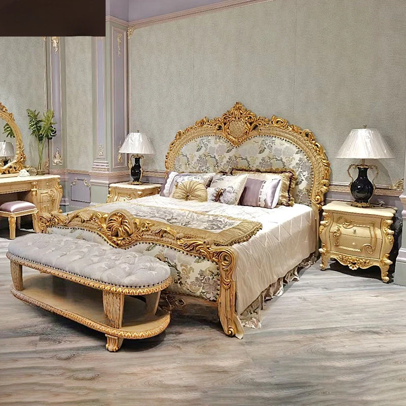 European style princess villa furniture master bedroom solid wood carved bed model room 1.8m fabric double bed