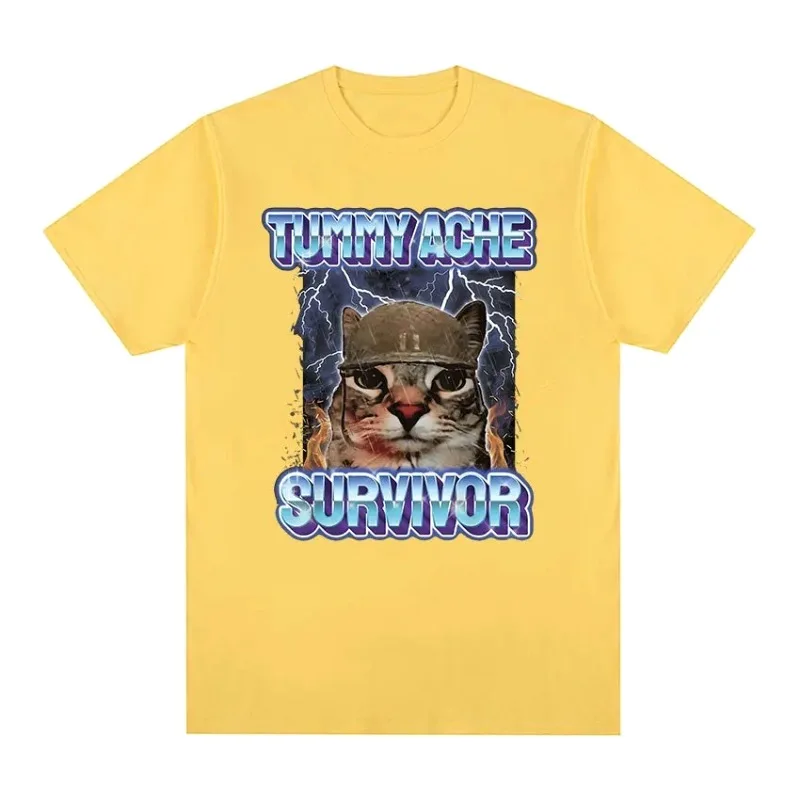 Retro Stomach Pain Survivor Funny Cat Emoji Printed T-shirt New Men's and Women's Clothing New Summer Pure Cotton T-shirt