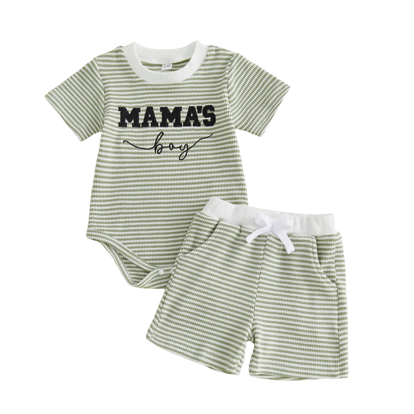 

Baby Boy Summer Outfits Letter Embroidered Striped Crew Neck Short Sleeve Romper and Shorts 2 Pcs Set