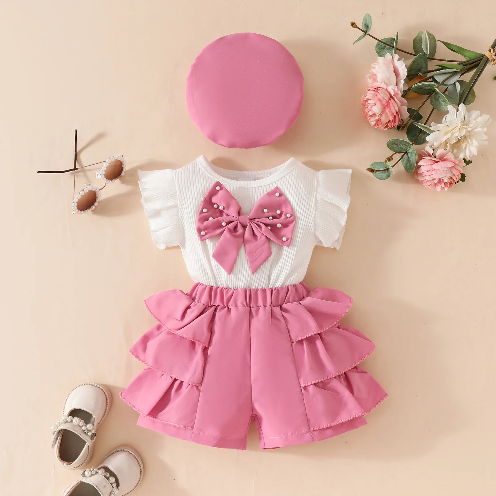 

Children Fashion Girl Skirts Clothes Suit Toddler Big Pearl Bow Flutter Sleeve Tops Ruffled Shorts Beret Kids 3Pcs Summer Set