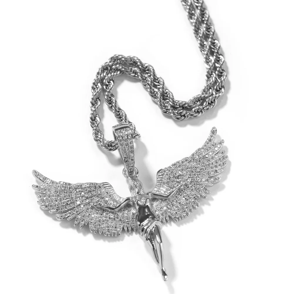 

Angel Wings Iced Out Bling Pendant Necklace Mirco Pave Prong Setting Rock Rapper Fashion Hip Hop Jewelry BP238