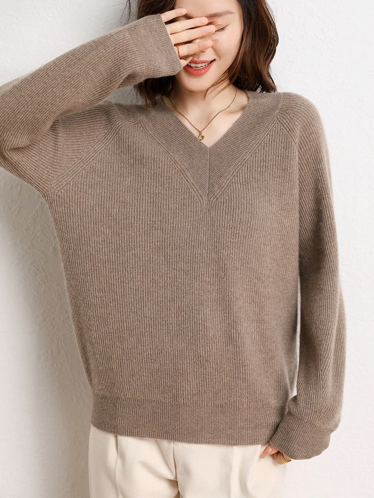 

Grace Pullover Women's Thick Casual Loose Elegant Long Sleeves 100% Cashmere Sweater Soft Warm Autumn Winter V-Neck Clothing Top