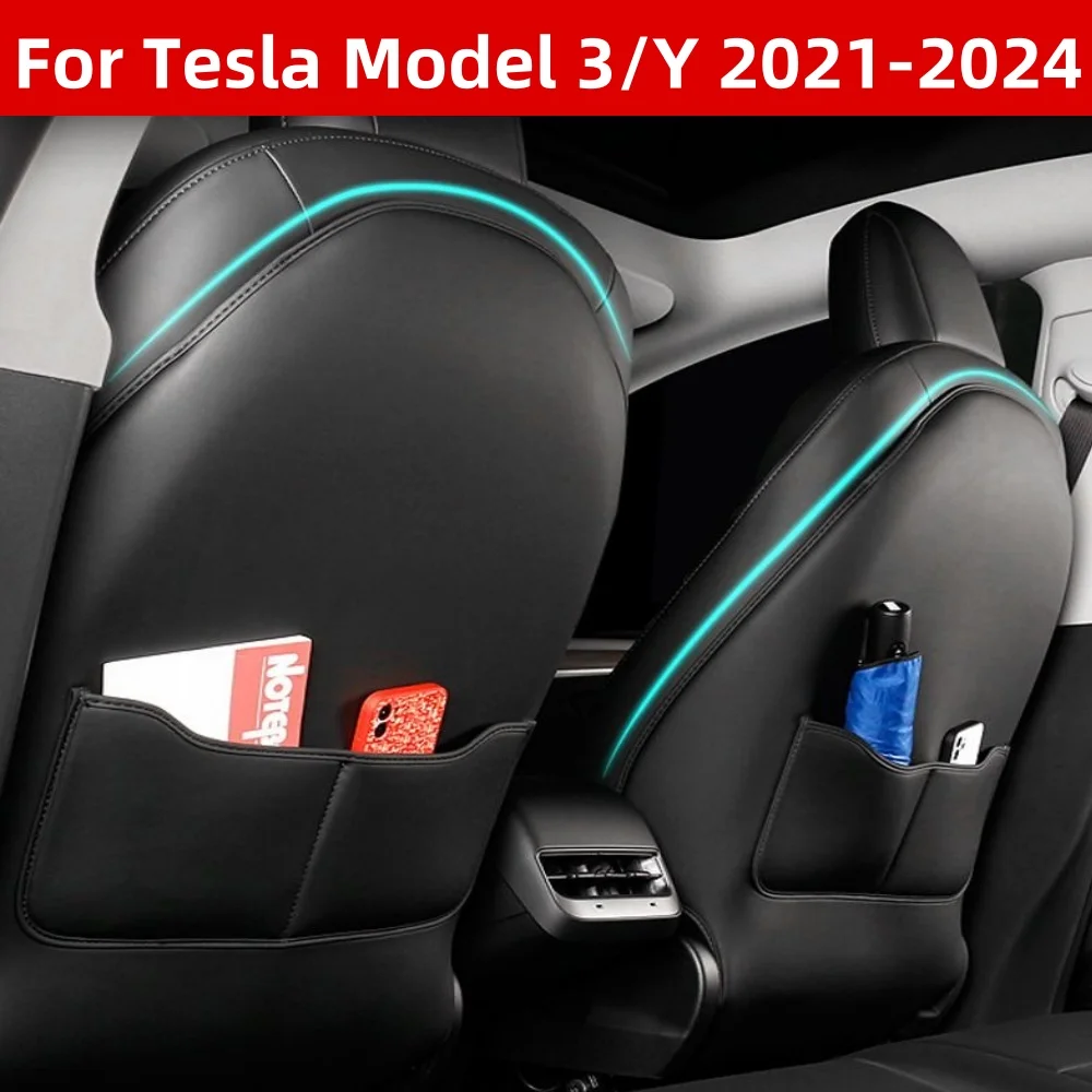 

For Tesla Model 3/Y 2021-2024 Rear Seat Anti Kick Pad,Waterproof and Dirt-Resistant Seat Back Protector with Organizer Pocket