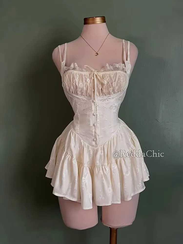 ReddaChic Summer Dress Vintage Satin Floral Rompers Conquete Shirred Stitch Lace Ruffle Camisole Mini Corset Dress Women Clothes view 6