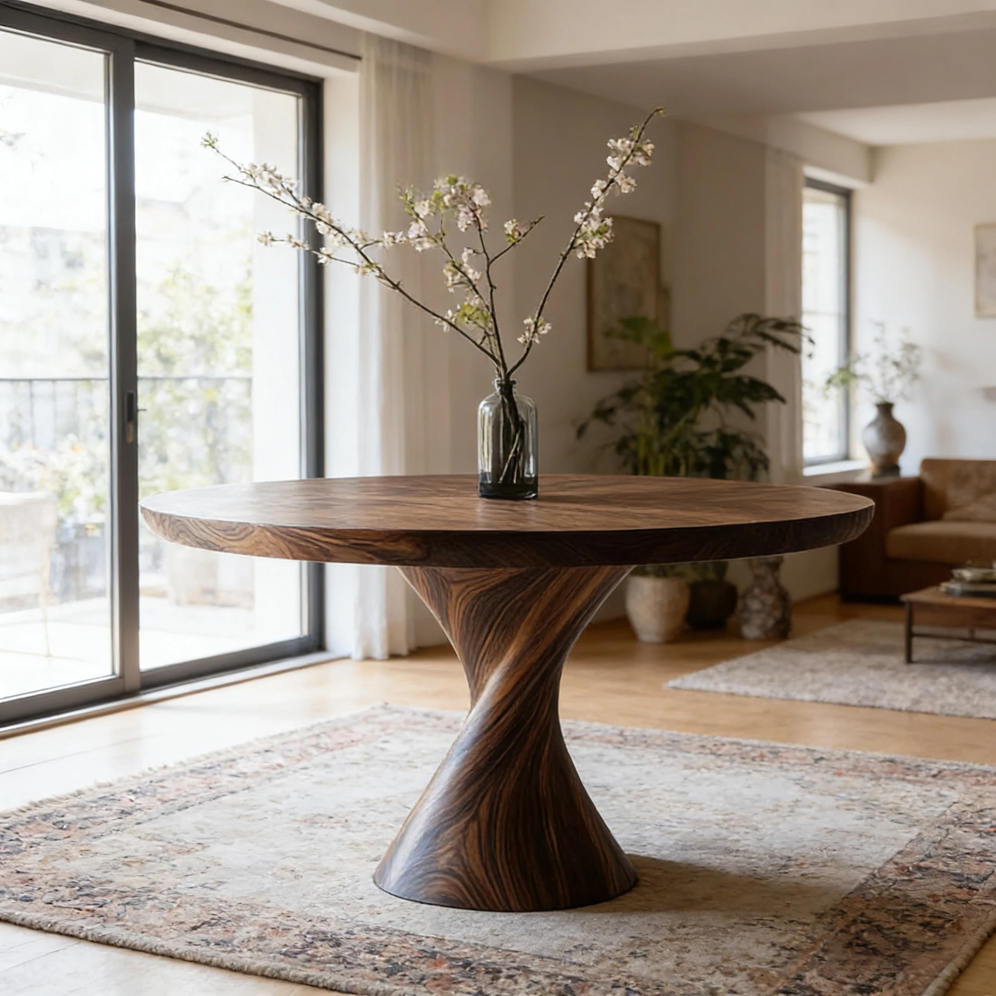 S*-Modern Wabi Round Dining Table with Wood Veneer Top and Sculptural Twisted Base