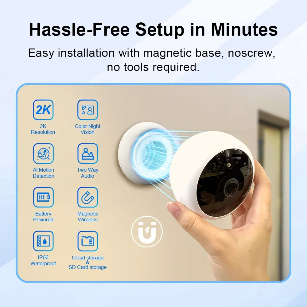 2K Wireless WiFi Camera Built in Battery Magnetic Mount AI Motion Detection Color Night Vision 2-Way Audio IP66 Security Cam