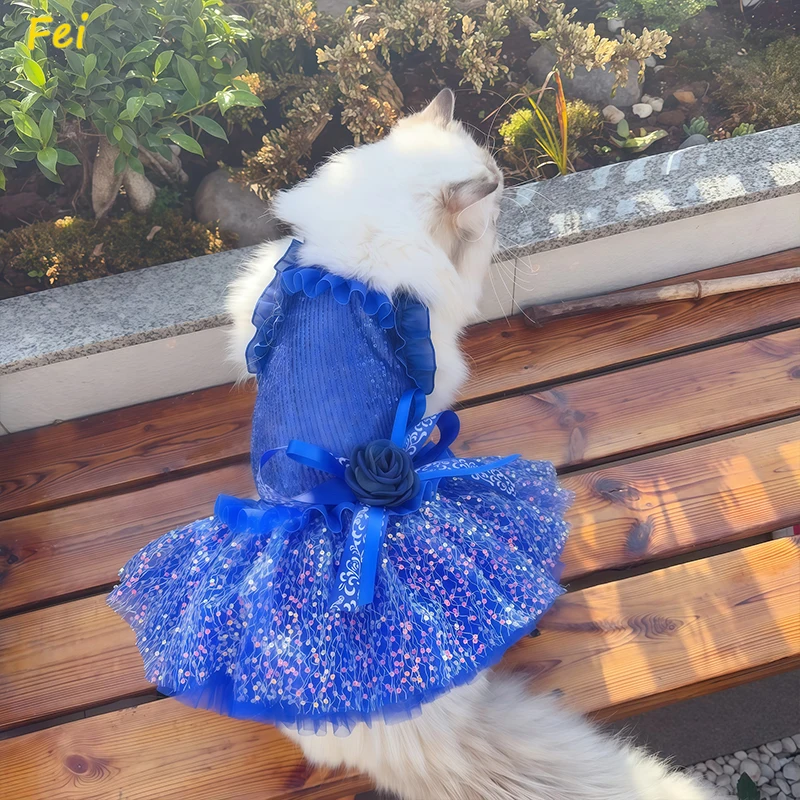 

Royal Blue Hollow Sequin Pet Dog Clothes 2025 Summer Lace Flower Bow Princess Dress For Small Medium Dog Puppy Clothing Skirts