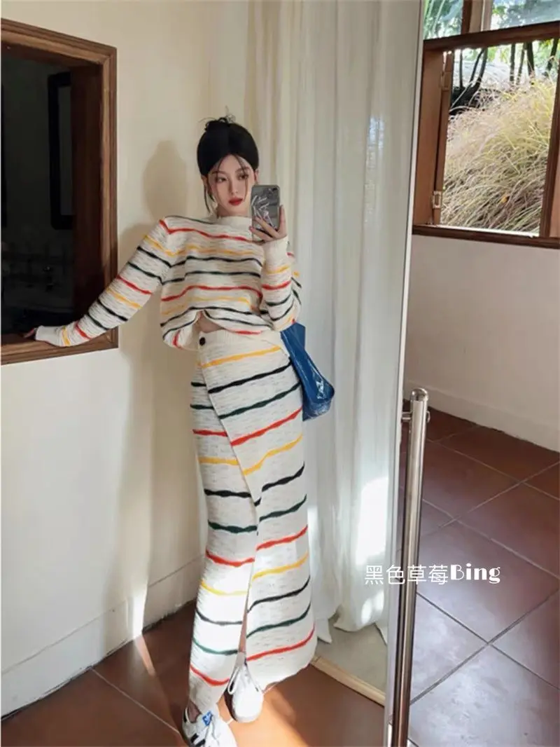 Shpmishal Korean Fashion Autumn Rainbow Stripe Contrast Loose Knitted Shirt Top Half Skirt Luxury Two Piece Set Female Clothing