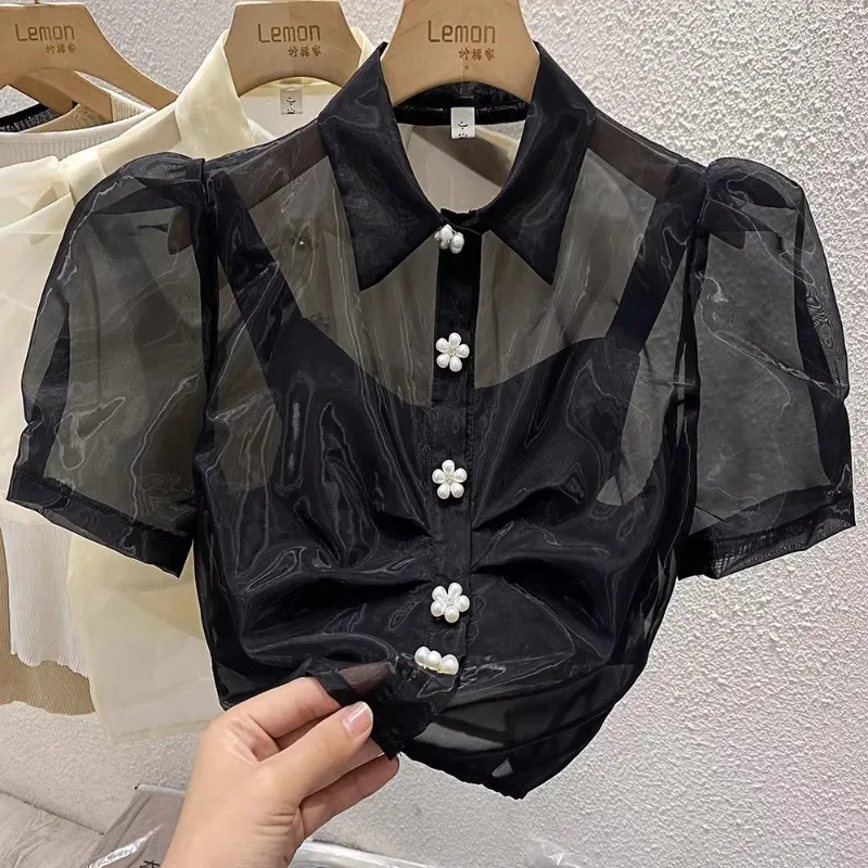 Summer French Commuter Fake 2-Piece Chiffon Shirts Women 2024 New Organza Pearl Flower Buttons Bubble Sleeves Thin Short Top