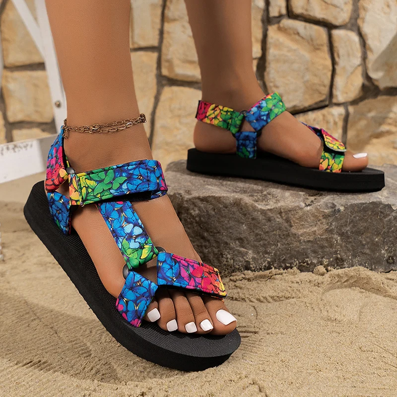 Green Butterfly Print Flat Sandals for Women Casual Non Slip Summer Shoes Woman 2024 Lightweight Outdoor Beach Sandalias Mujer