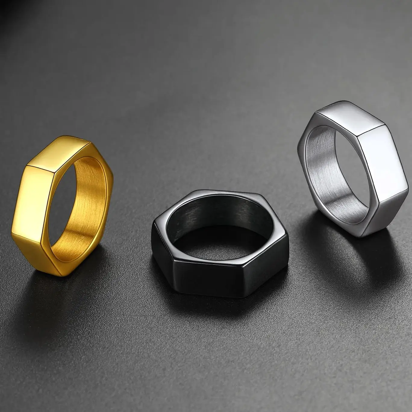 ChainsPro Men Women Hexagon Nut Shape Rings Gold-plated Stainless Steel Unisex Jewelry Gift Hexagonal Geometric Ring