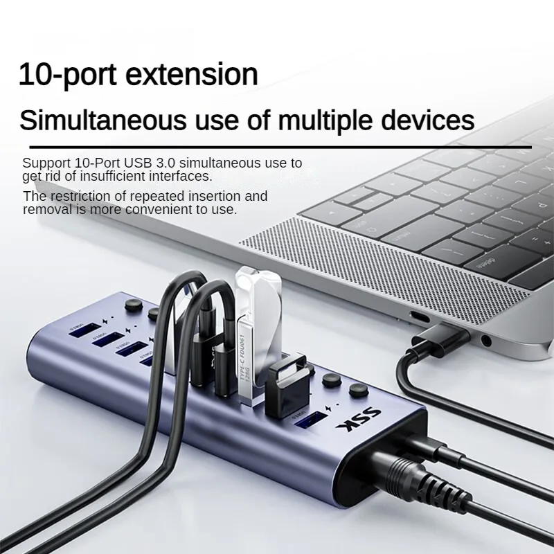 SSK Powered USB Hub Splitter Sockets 10 Ports USB3.0 Splitter with Individual OFF/ON Switch Dockfor PC Laptop MacBook Pro/Air