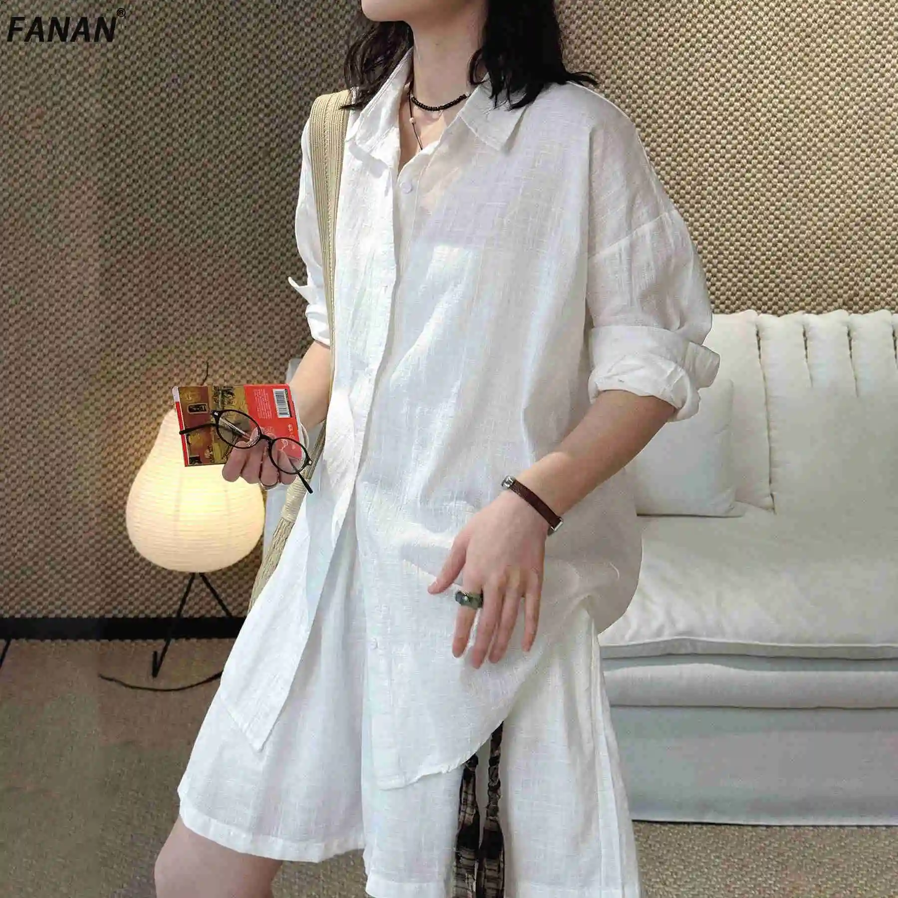 

Летняя новинка FANAN: женская свободная блузка в французском стиле из хлопка и льна, повседневная, минималистичная, однотонная, с защитой от солнца