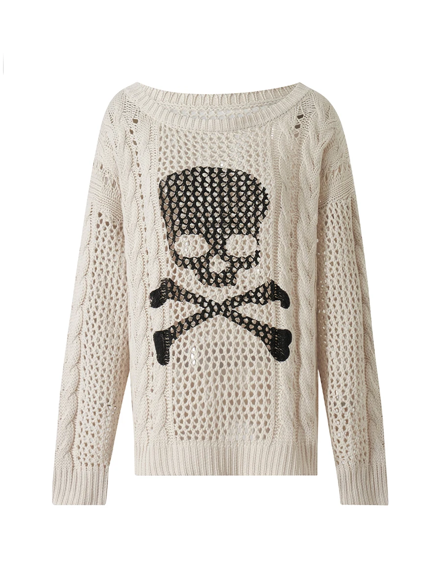 Dames Uitgeholde Truien Lange Mouw Off Shoulder Skull Print Kabel Gebreide Trui Tops