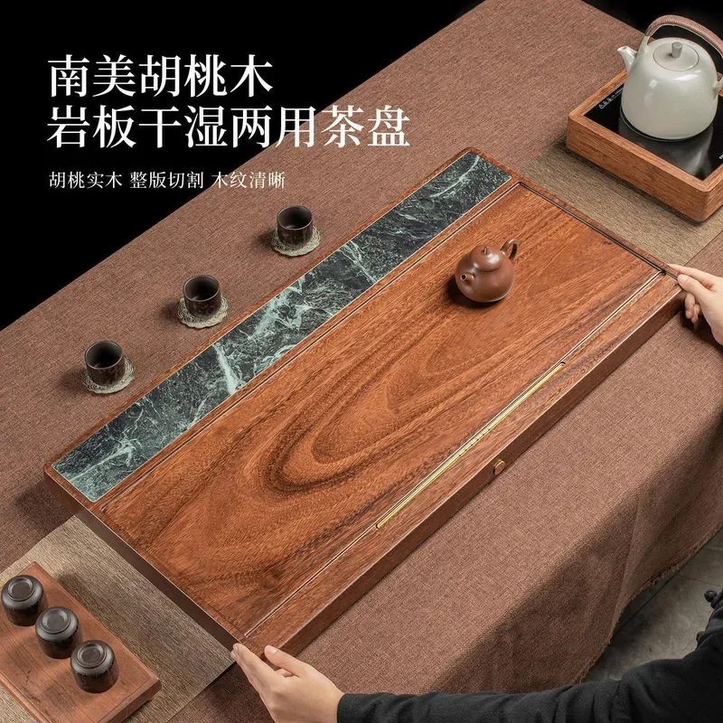 Natural Walnut Wood Tea Tray Solid Wood Kung Fu Tea Set Holder Household Living Room Furniture Straight Row Design for Teapot