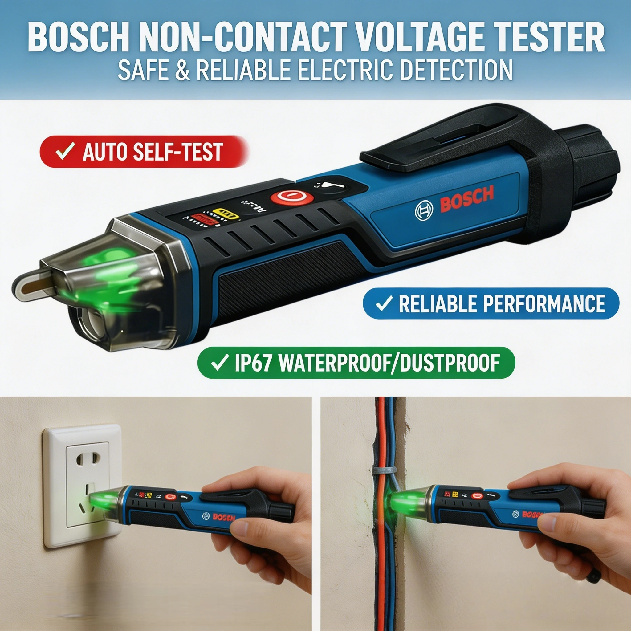Детектор напряжения Bosch GVD 1000-17 (бесконтактный) 24В-1000В, индикатор напряжения, тестер-ручка, самопроверка напряжения, интеллектуальный поисковик обрывов цепи