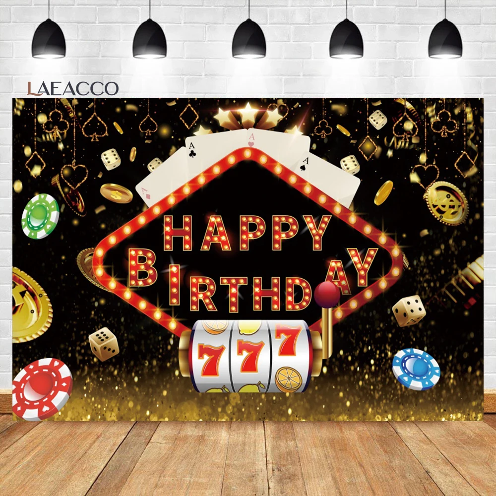 

Laeacco Casino Las Vegas Night Happy Birthday Backdrop Gold Coin Poker Dice Man Adult Portrait Customized Photography Background