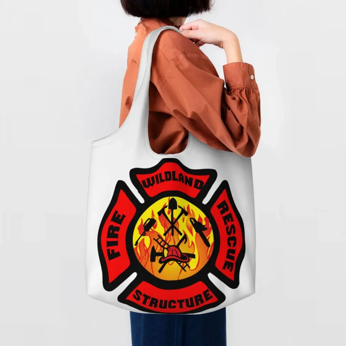 Fire Rescue Firefighter Groceries Tote Shopping Bag Women Cute Canvas Shoulder Shopper Bag Large Capacity Bags Handbags