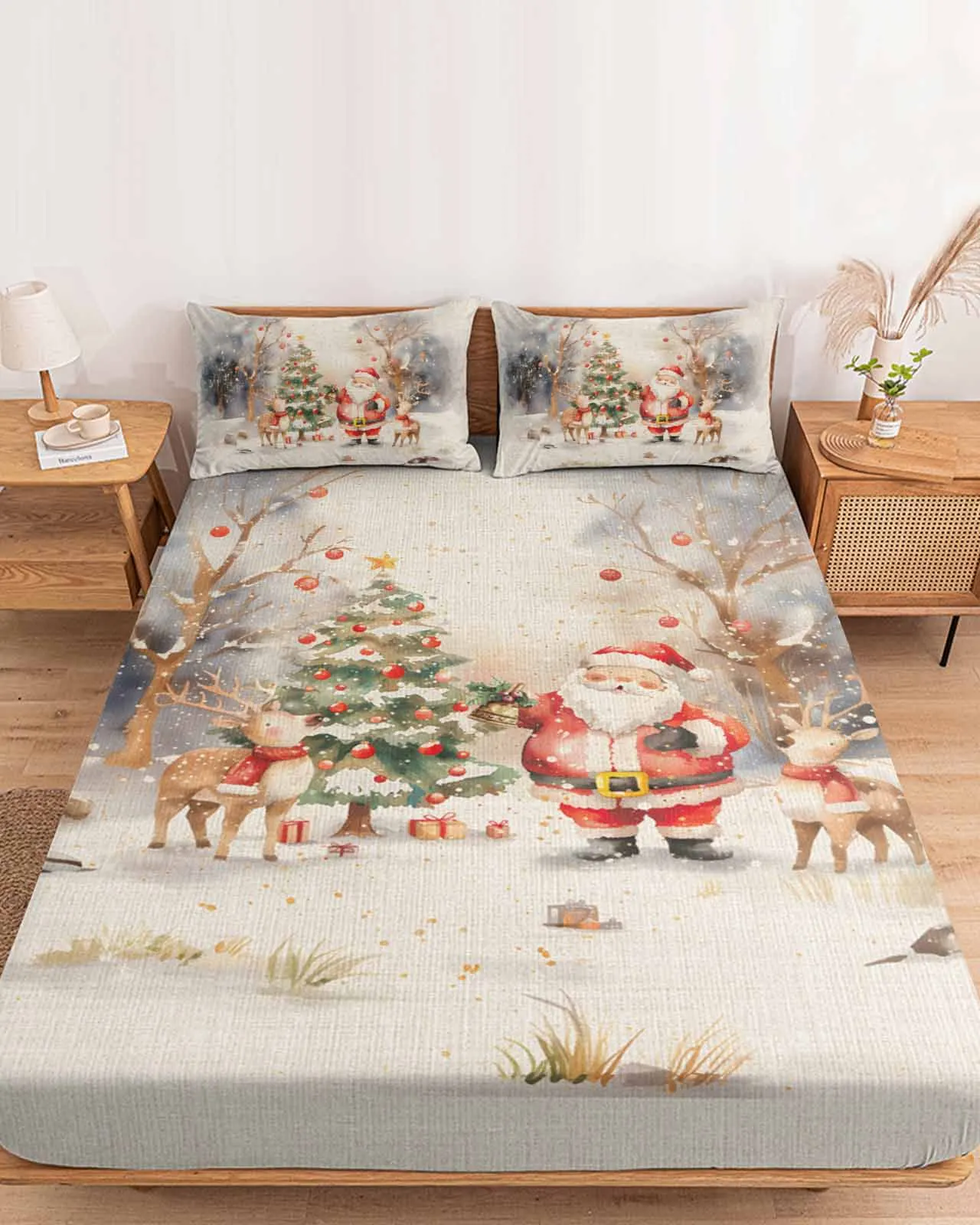 Christmas Tree Santa Reindeer Snow Scenery Polyester Fitted Sheet Mattress Cover Four Corners Elastic Band Bed Sheet Pilllowcase