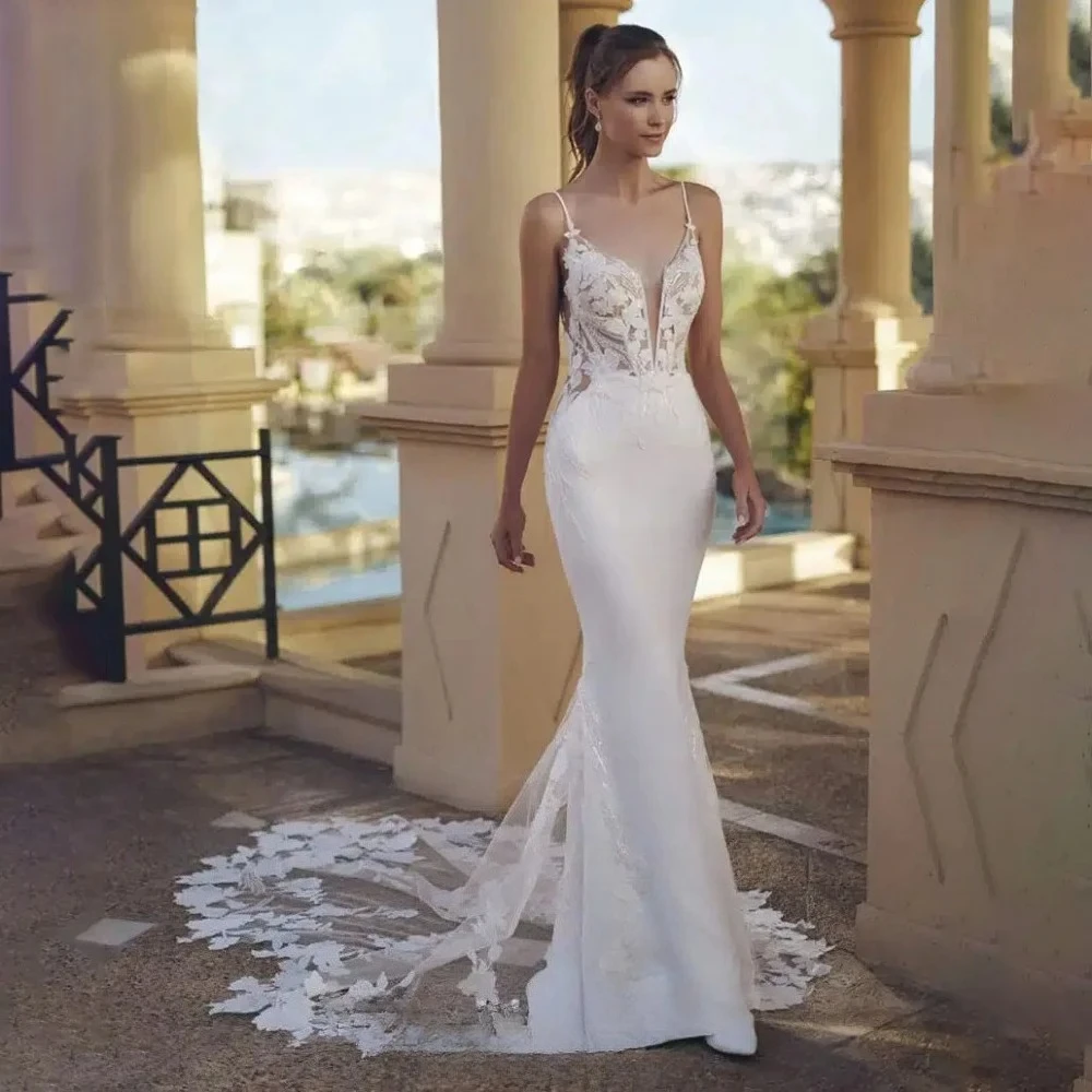 Beach Backless Mermaid Wedding Dresses Elegant V Neck Spaghetti Straps For Women Lace Applique Bridal Gowns Vestidos De Novia