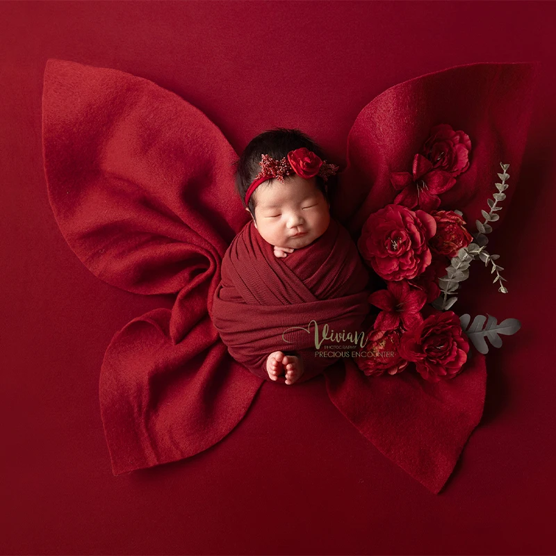 Newborn Photography Props Red Theme Set Butterfly Bow Knot Wrap Backdrop Blanket with Artificial Flowers Set for Baby Photoshoot