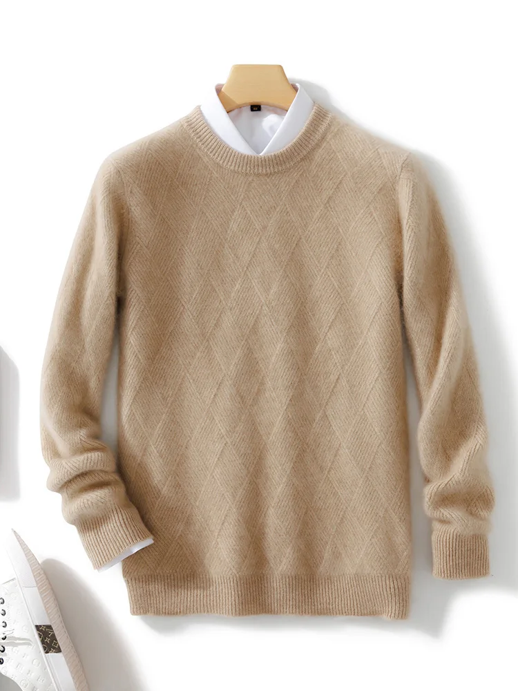 Autumn Winter Men's O-neck Wool Sweater Long Sleeve Pullover Basic Casual Rhombus Knit Clothing 100% Merino Wool Knitwear Tops