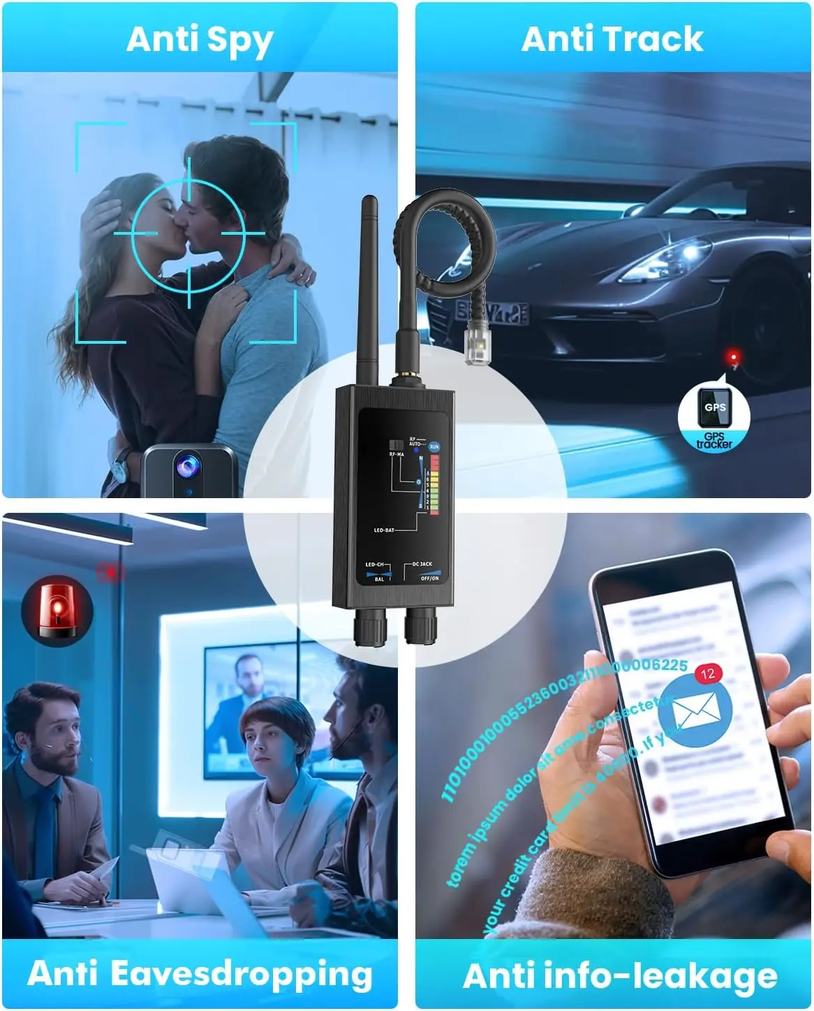 

M8000 Antispy Detector, RF Signal GSM GPS Tracker Finder, 1MHz-6GHz Hidden Camera Bug Eavesdropping Detector with Magnetic LED